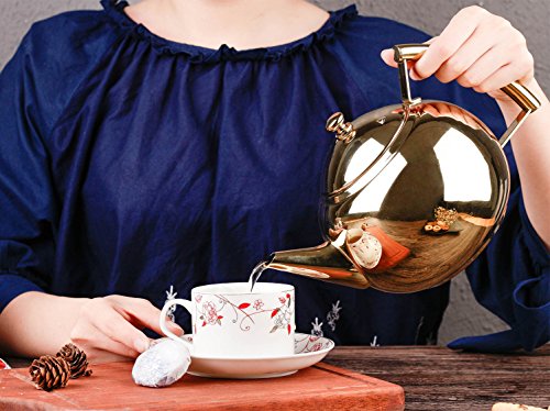 1.5 Liter Teapot Gold Pot with Infuser for Loose Tea Stainless Steel Coffee Kettle 6 Cup Induction Stovetop Tea Pot Strainer Office Hot Water Mirror Finish 1.6 Quart 51 Ounce by Onlycooker - Thumbnail 2