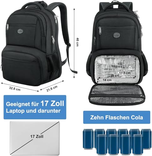 Matein Men's Backpack with Cooling Compartment, Large Laptop Backpack Men 17 Inch | Work Backpack Anti Theft TSA Friendly Laptop Backpack, Waterproof School Backpack for Teenager Work Business, Black