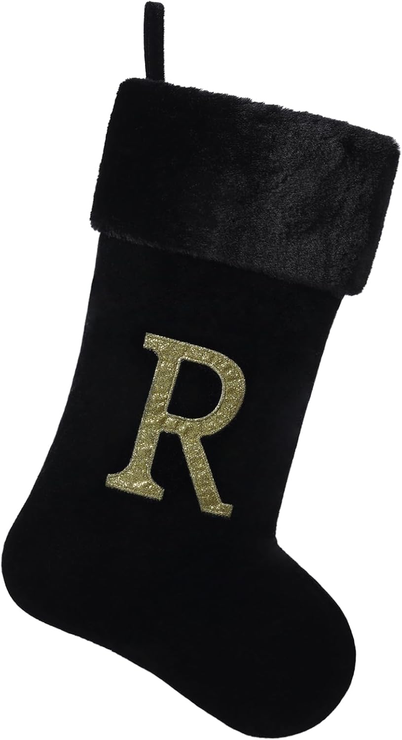Stockings & Holders - Yehnois 20 Inches Initial Monogram Christmas Stocking Personalized,Deluxe Black Velvet Body with Super Soft Plush Cuff Embroidered Letter,Holiday Season Decor（R）
