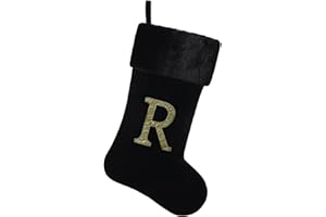 Yehnois 20 Inches Initial Monogram Christmas Stocking Personalized,Deluxe Black Velvet Body with Super Soft Plush Cuff Embroidered Letter,Holiday Season Decor（R）