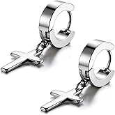 Cupimatch 3-6 Pairs Stainless Steel Cross Dangle Huggie Hinged Hoop Earrings for Men Women (1 Pair Silver Cross) for Valentine's Day