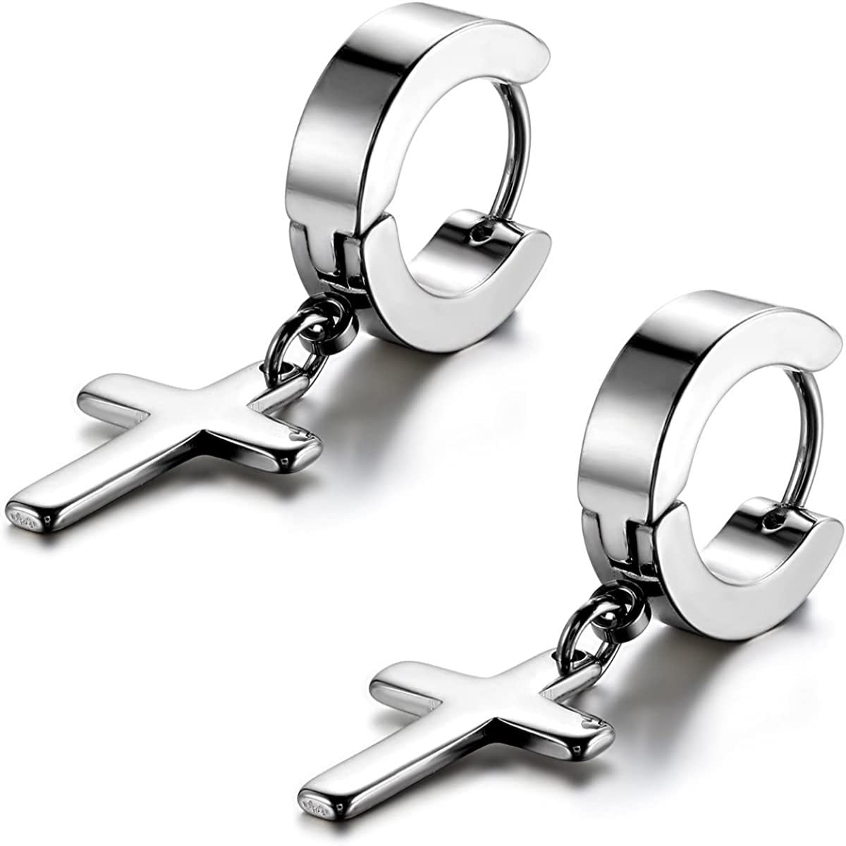 Photo 1 of Cupimatch 3-6 Pairs Stainless Steel Cross Dangle Huggie Hinged Hoop Earrings for Men Women (1 Pair Silver Cross) for Halloween