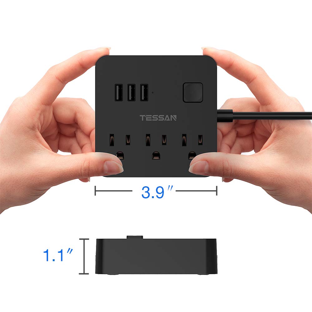 Power Strip with 3 USB & Switch Control, Desktop Charging Station Portable Travel Size - Black