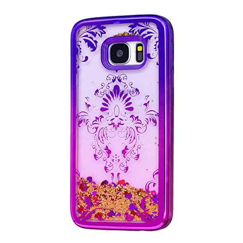 Glitter Liquid Clear Case for Galaxy S7,,Herzzer Luxury [Unique Flower Pattern] Soft Flexible with Electroplated Frame Flowing Sparkle Love Heart Star Crystal Back Case - Thumbnail 3