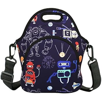 Neoprene Lunch Bag Tote Robots Lunchbox with Zipper Pocket & Strap Thermal Insulated Waterproof for Boys Girls School