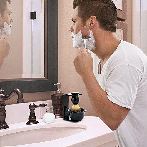 Shaving Set 4IN1 Badger Hair Shaving Brush Acrylic Shaving Razor Stand Holder Shaving Soap Bowl Shaving Soap Shaving Frame Base Beard Cleaning Shelf Kit Shaving Brush Stand Tools for Men (Black) - Thumbnail 2
