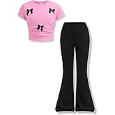 Klyatpxoen Girls Clothes 2 Piece Short Sleeve Lace Bow Print Tops Flared Pants Set Little Girl Outfits Size 7-14