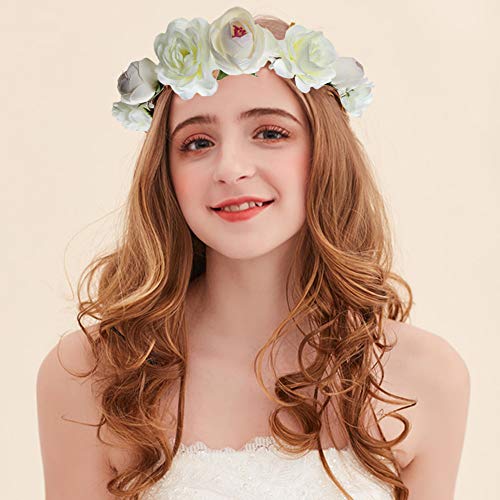 Flower Crown Headband Rose Wreath Garland Hair Bands Floral Wedding Bridal Hair Hoop Women Girls Leaf Ribbon Party Decoration Headdress Headwear Christmas Handmade Headpiece Hair Accessories White