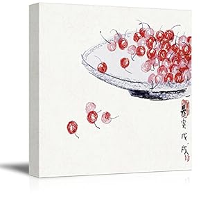 Square Canvas Wall Art - Watercolor Style Chinese Painting of a Bowl of Red Cherries - Giclee Print Gallery Wrap Modern Home Art Ready to Hang - 12x12 inches