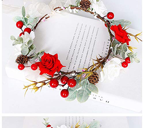 Adjustable Boho red berry Flower Crown Hair Wreath Floral Garland Headband Halo Headpiece with Ribbon Wedding Festival Party