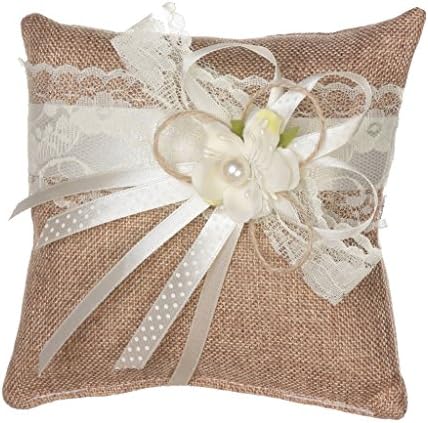 Burlap Rustic Wedding Ring Pillow with Flowers and Satin Ribbon Bow Knot