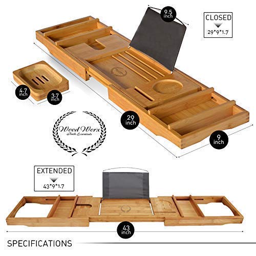 Wood Worx Bath Essentials Premium Bamboo Bathtub Tray Caddy & Soap Holder Nonslip Wooden