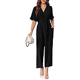 Cicy Bell Women's Elegant V Neck Jumpsuits Dressy Casual Short Sleeve Wide Leg Long Pants Rompers