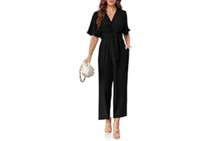 Cicy Bell Women's Elegant V Neck Jumpsuits Dressy Casual Short Sleeve Wide Leg Long Pants Rompers