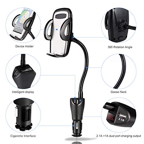 Amoner Phone Holder for Car, Adjustable 4 in 1 Car Phone Mount Cigarette Lighter Cell Phone Car Mount with Dual Port USB Charger Compatible iPhone 11 X 8, iPad, Galaxy S9 S8, Mate20 P30, GPS and More