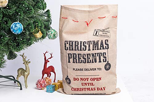 Xena 1 Piece Tan Red Black Extra Large Cotton Christmas Santa Gift Sack Bag W Drawstring 26.5 x 19 Inch Personalize Boy Girls"Christmas Presents" Hiding Spot Winter Holiday Decoration - Thumbnail 4