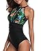 Holipick Women One Piece Swimsuit High Neck Mesh Ruched Floral Printed Floral L