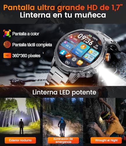 EF24-D Men's Smart Watch with 1000 mAh/Flashlight/Bluetooth Call, 1.7 Inch Military Smartwatch with 110+ Sports Modes, IP68 Waterproof, Heart Rate, Android iOS, 3 Bracelets+2 Chargers