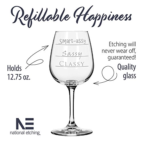 National Etching Funny Wine Glass with "Classy, Sassy, Smart-Assy" Gauge Saying, Classic Stemmed Wine Glass for Women and Men - Thumbnail 2