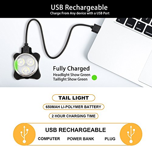 Rantizon Bike Light Set Bright LED Bicycle Lights Set Front and Rear, 4 Light Mode Options, 650mah Lithium Battery, USB Rechargeable, Fits All Bikes for Cycling, Hiking, Camping, Outdoor Activities