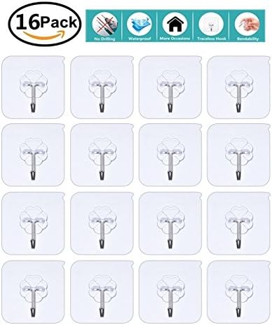 Adhesive Hooks,[16 pack] YoJiSa Ultra Sticky Home Utility Hooks,Transparent Plastic Reusable Heavy Duty Hooks,No Drills waterproof,Storage Wall Coat Hanging Hooks for Kitchen,Bathroom,Towel,Key,Robe