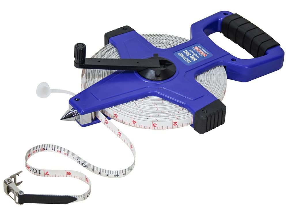 Faithfull Open Frame Surveyors Long Tape 50M (165ft) – Fiberglass, Class III Measuring Tape with Metric & Imperial Markings