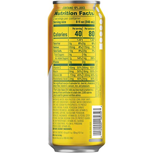 MOUNTAIN DEW KICKSTART, PINEAPPLE ORANGE MANGO, 90MG CAFFEINE, VITAMINS B & C, 80 CALORIES, 10% JUICE, 16 FL OZ (PACK OF 12)