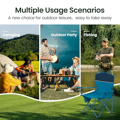 HIGH POINT SPORTS Folding Camping Chair, Set of 2, Up to 102 kg, Outdoor Folding Chairs, Camping Chairs, Fishing Chairs with Armrests (Blue)