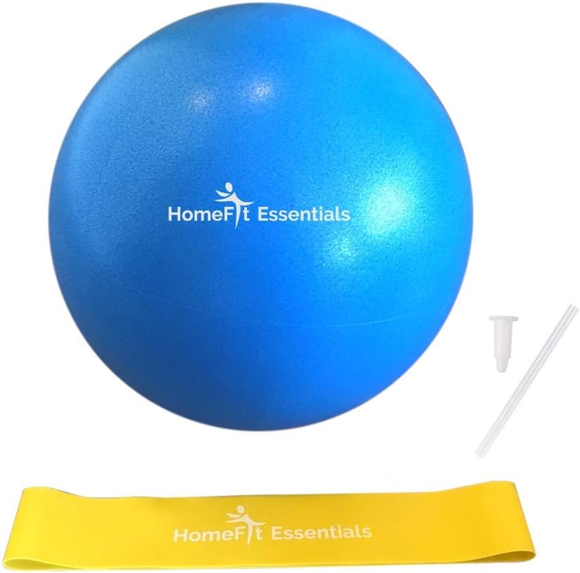 HomeFit Essentials Blue 9 Inch Mini Exercise Pilates Ball - Small Bender Barre Ball & Yellow Resistance Band Perfect for Yoga, Core Training and Physical Therapy