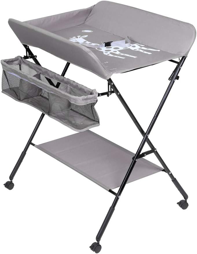 Baby Changing Table, Foldable Infant Care Station with Wheels, Mobile Newborn Massage Table Space-Saving Dresser Diaper Organizer (Gray)