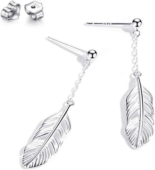 Fu You 925 Sterling Silver Stud Earrings Feather Drop Earrings Leaf Dangle Earrings for Women Ladies
