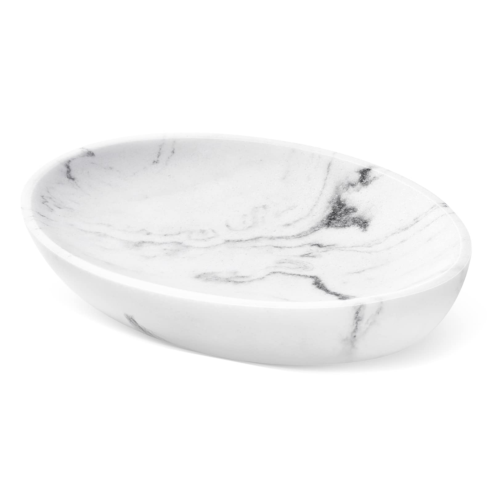 Shinowa Soap Dish, Marble Resin Oval White 13.5x9.7x2.3 cm/5.31x3.82x0.91 inch, Durable Soap Saver for Bathroom Sink, Kitchen Counter-Top Organization