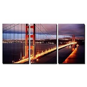 3 Piece Canvas Wall Art - Night Scene with Golden Gate Bridge and San Francisco Lights - Modern Home Art Stretched and Framed Ready to Hang - 16"x24"x3 Panels
