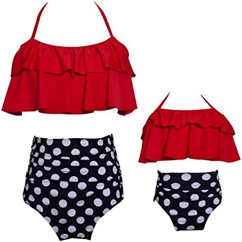 Qunlei Mommy and Me Swimsuits Two Pieces Retro Boho Flounce Falbala High Waisted Beach Bikini Set for Girls/Baby Girls/Teen Girls Red 2-3 Years