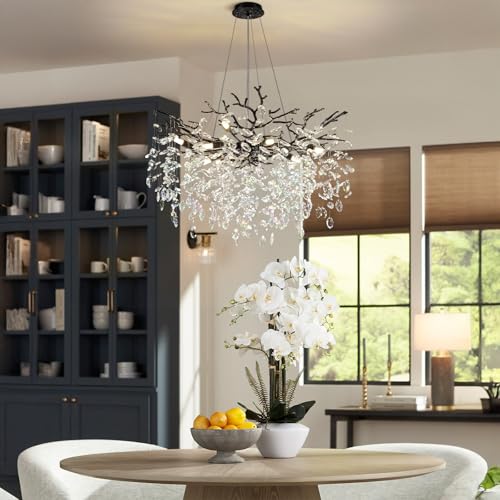 PIOUTNF Modern Crystal Chandelier, Dining Table Chandeliers, Tree Branch Chandelier Adjustable Height for Dining Room, Living Room, High Ceiling, Kitchen Island, Foyer, Black