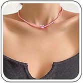Erimberate Bohemian Pig Choker Necklace Small Pink Pig Chain Necklace Pink Seed Bead Collar Necklace Minimalist Rice Bead Necklace Jewelry for Women