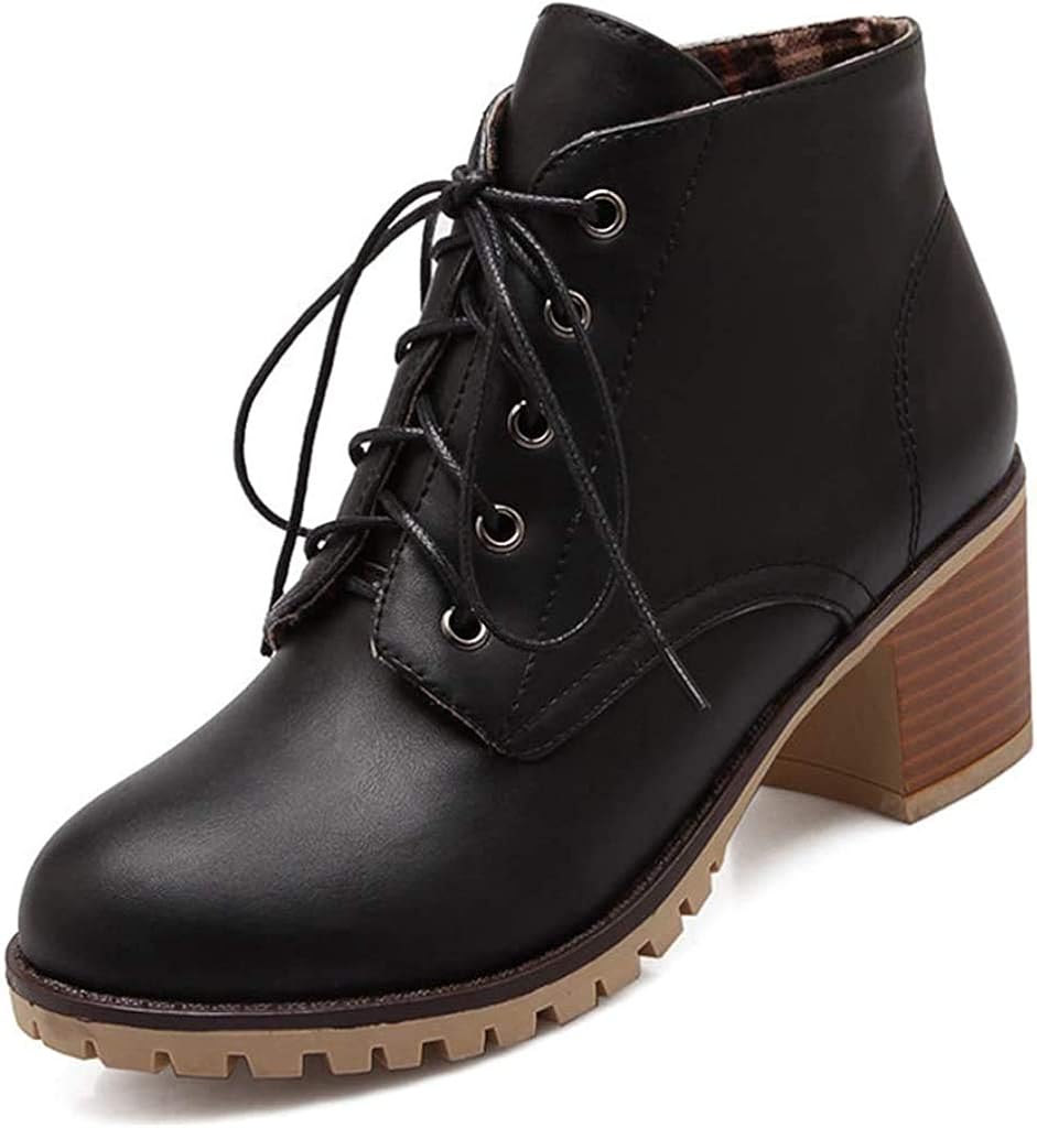 Amazon.com | Women's Chunky Heel Martin Ankle Boots Lace Up Platform Vintage Leather Round Toe 