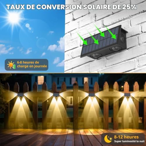 Applique Murale Extérieur Solaire, 4 Pièces Applique Murale Blanc Chaud avec 4 LEDs, Éclairage à Trois Directions Lampe Exterieur Solaire Jardin, IP65 Étanche pour Clôture, Escaliers, Balcon