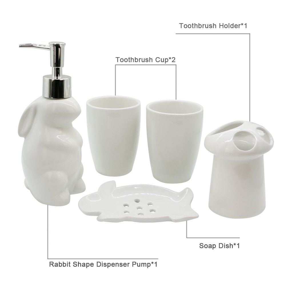 Zeewoo Badezimmer Set Toiletten Badset Badgarnitur 5-TLG Seifenspender, Becher, Seifenschale, Zahnbürsten Halter, Niedlichen Stil Kaninchen Form Badezimmer Dekoration und Home Geschenk Set, Weiß