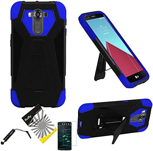 For LG V10 ITUFFY 3items: Screen Film+Stylus Pen + Dual Layer Impact Resistance Plastic Cover Soft Rubber KickStand Hybrid Case (Black/Blue)