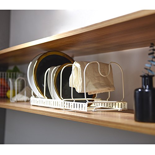 Expandable Cookware Organizer Rack, Store 7+ Kitchen Pans and Pots, White, Extended to 22.5", Total 7 Adjustable Compartments, Cabinet Pantry Cupboard Bakeware Plate Holder Storage Solution - Thumbnail 3