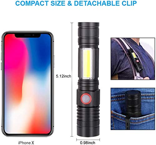 Rechargeable Flashlight, Magnetic Flashlight（with 18650 Battery), Super Bright Pocket-Sized COB Work Light T6 LED Torch with Clip, Zoomable, Water Resistant, 4 Modes for Camping Hiking 2 Pack