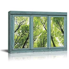 Vintage Teal Window Looking Out Into a Green Forest - Canvas Art Home Art - 24x36 inches