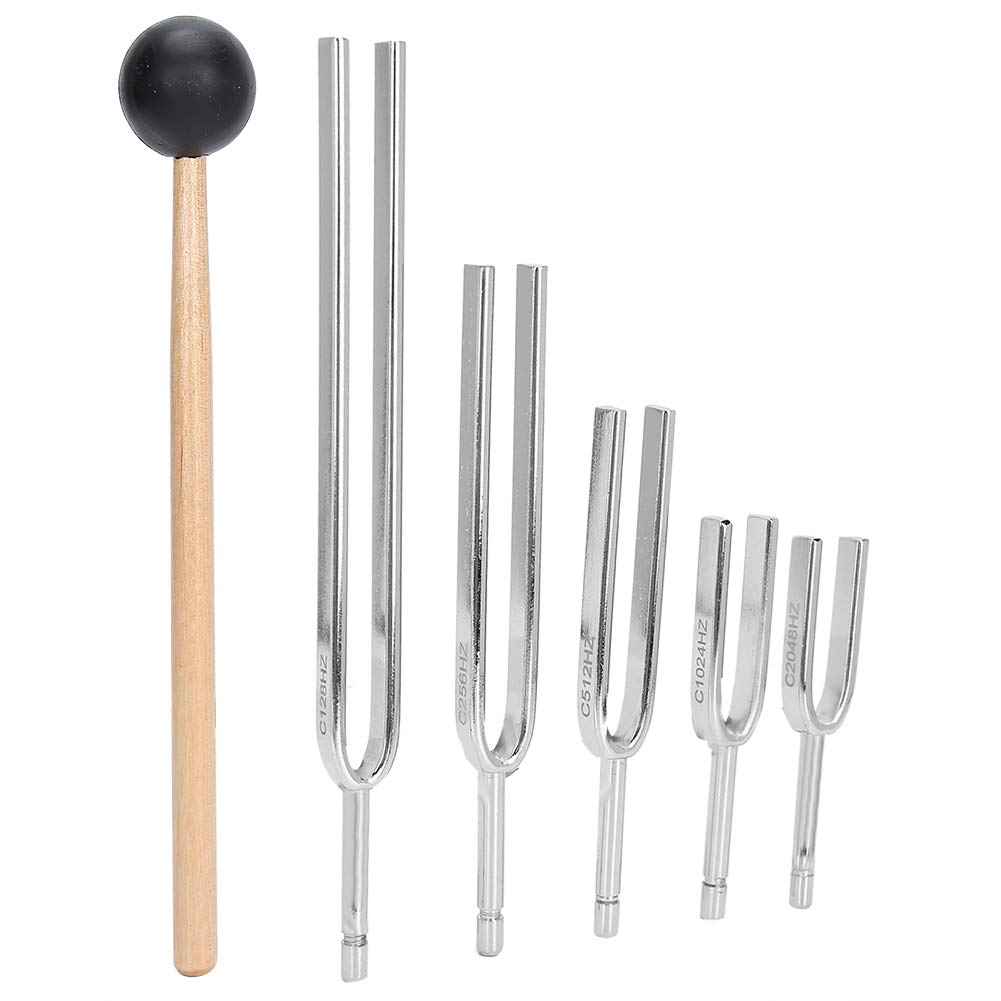 Brrnoo Tuning Fork Set, 5PCS 128HZ+256HZ+512HZ+1024HZ+2048HZ Medical Tuning Fork Hearing Test Aluminum Alloy Tuning Energy Fork With Hammer Tap