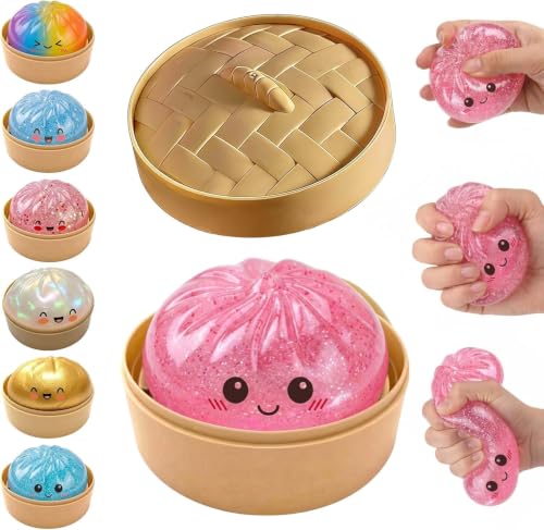 SLEEPHEAD®Dumpling Squishy Mystery Box Stress Relief Toy | Colorful Reusable Squeeze Balls with Steamer, Soft Rebound Fidget Toy for Kids & Adults, Home Office Gift (PINK)