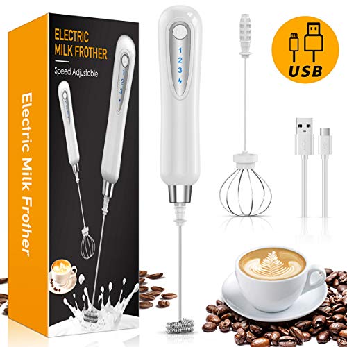 CAVN Rechargeable Milk Frother Handheld Electric Coffee Frother, 1500 mAh Battery Drink Egg Mixer with 2 Stainless Steel Whisks for Cappuccino Bulletproof Coffee Frappe Latte Hot Chocolates (White)