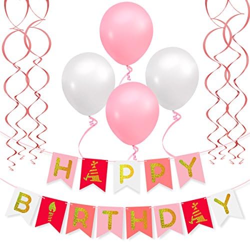 PBPBOX Happy Birthday Party Decorations with Happy Birthday Banner, 30PCS Birthday Balloons, 12PCS Hanging Swirls, 66FT Curling Ribbon, Hand Pump for Girls Birthday Party Decor
