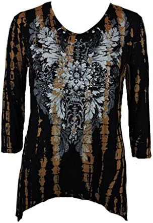 Vocal Women Plus Shark Bite Tunic Shirt Tribal Rhinestone Detail 3/4 Sleevs