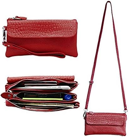 D-Sun Womens Leather Wristlet Clutch Crossbody Cell Phone Wallet, Mini Cross Body Bag with Shoulder Strap / Wrist Strap/Card Slots for iPhone 6S Plus/Samsung Note 5 (Red)