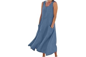 Attine Summer Dresses for Women 2024 Cotton Linen Short Sleeve Dress Casual Loose Maxi Dress Boho Beach Sundress with Pockets